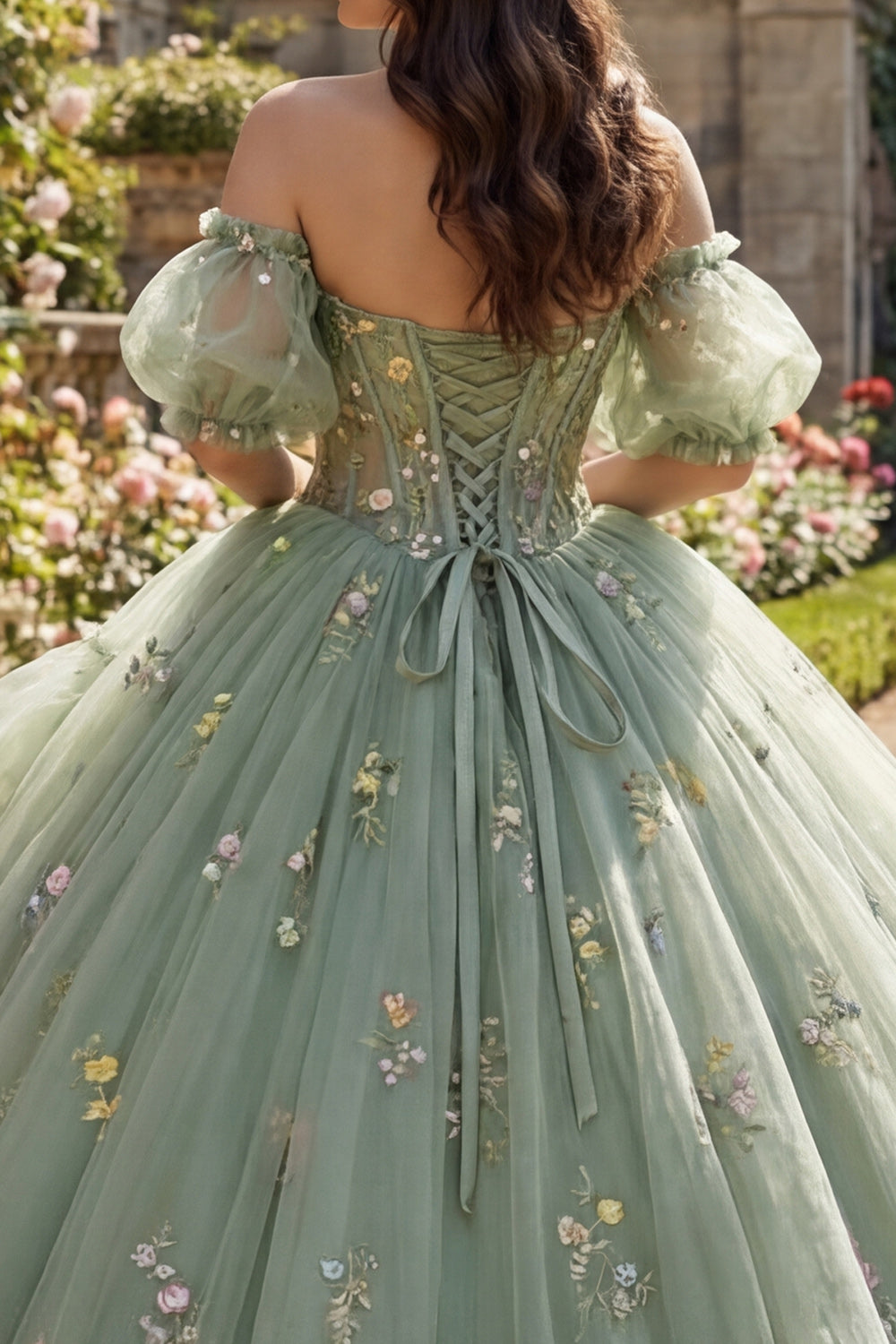 Dusty Sage Princess Floral Corset Long Quinceanera Dress with Ruffles