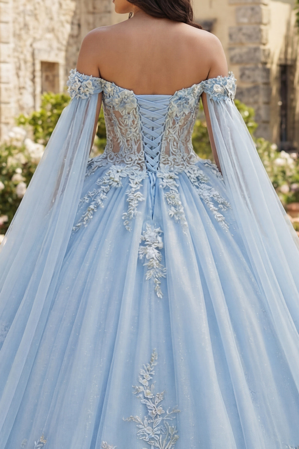 Long Sky Blue Glitter Princess Floral Corset Quinceanera Dress with Cape