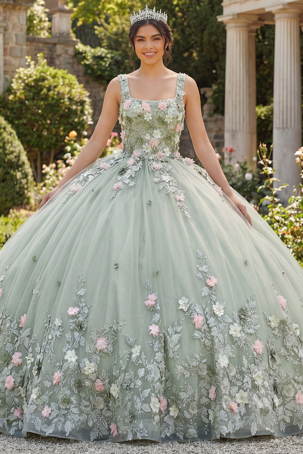 Square Neck Princess Sage Green Beaded Floral Long Corset Quinceanera Dress