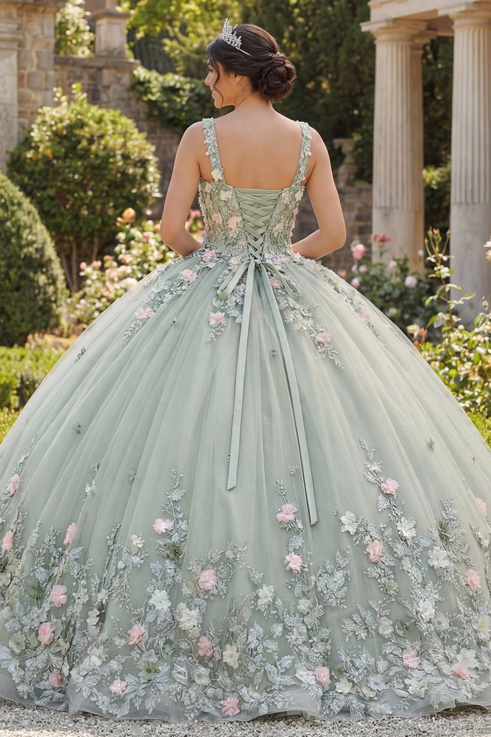Square Neck Princess Sage Green Beaded Floral Long Corset Quinceanera Dress