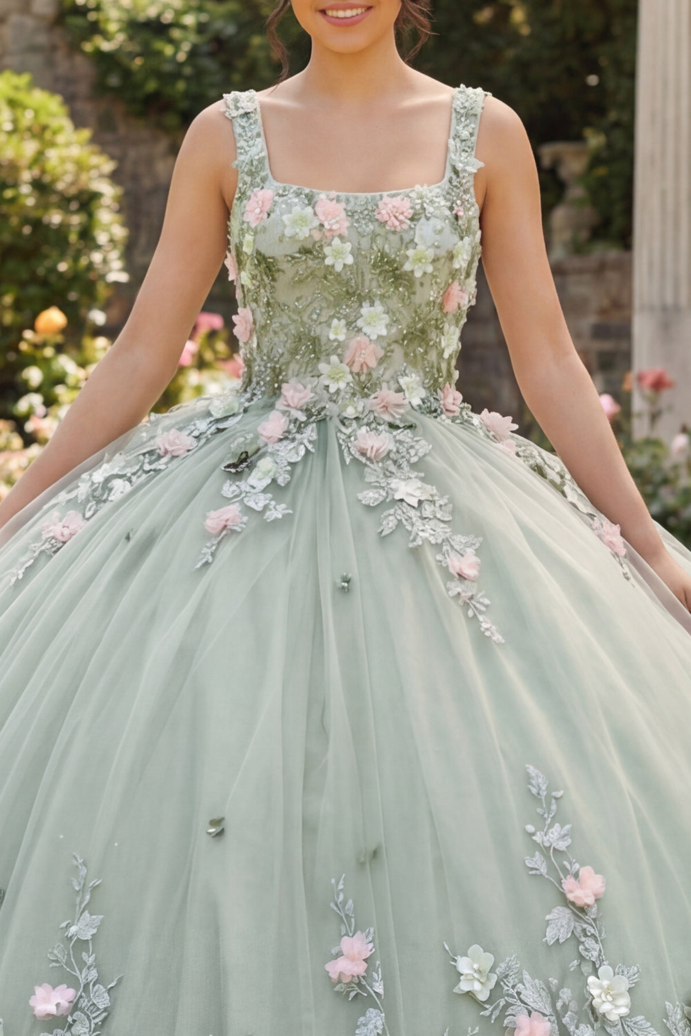 Square Neck Princess Sage Green Beaded Floral Long Corset Quinceanera Dress