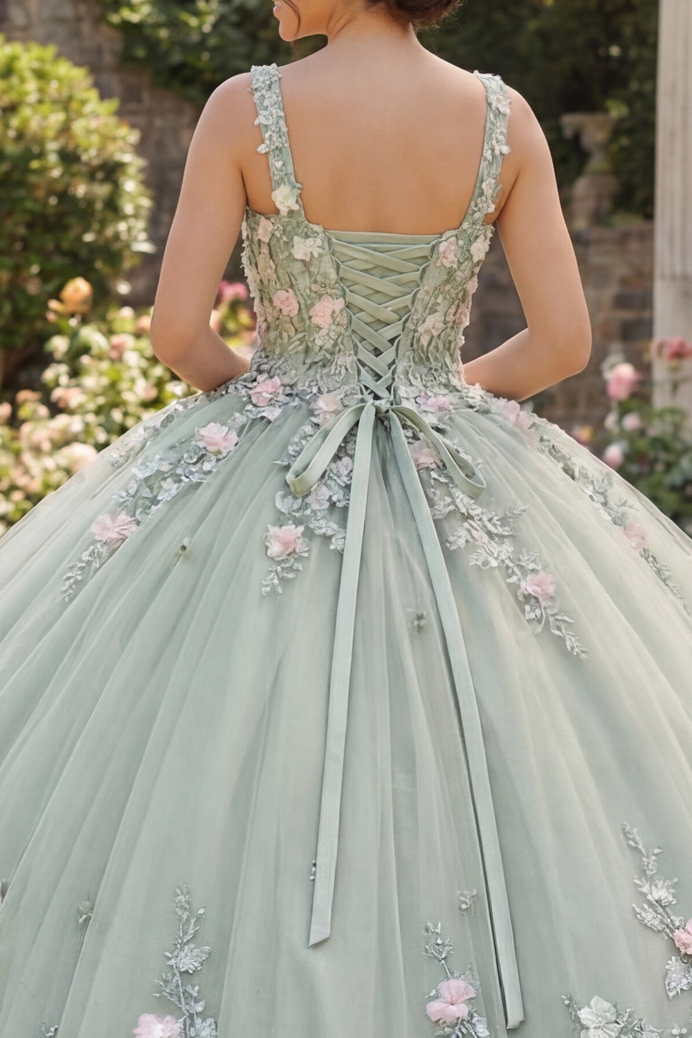 Square Neck Princess Sage Green Beaded Floral Long Corset Quinceanera Dress