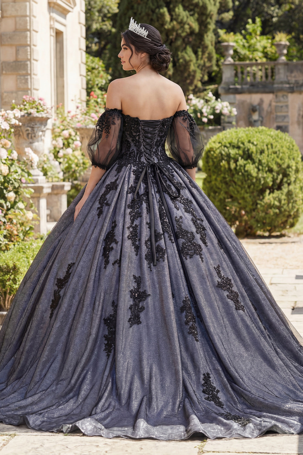 Floral Black Princess Beaded Long Quinceanera Dress with Lace