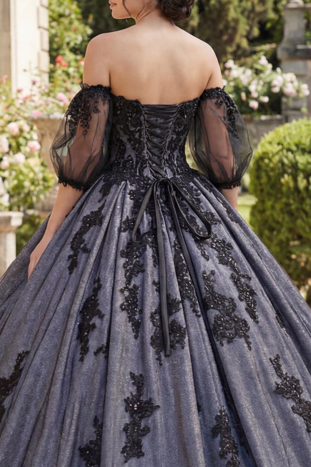  Floral Black Princess Beaded Long Quinceanera Dress with Lace