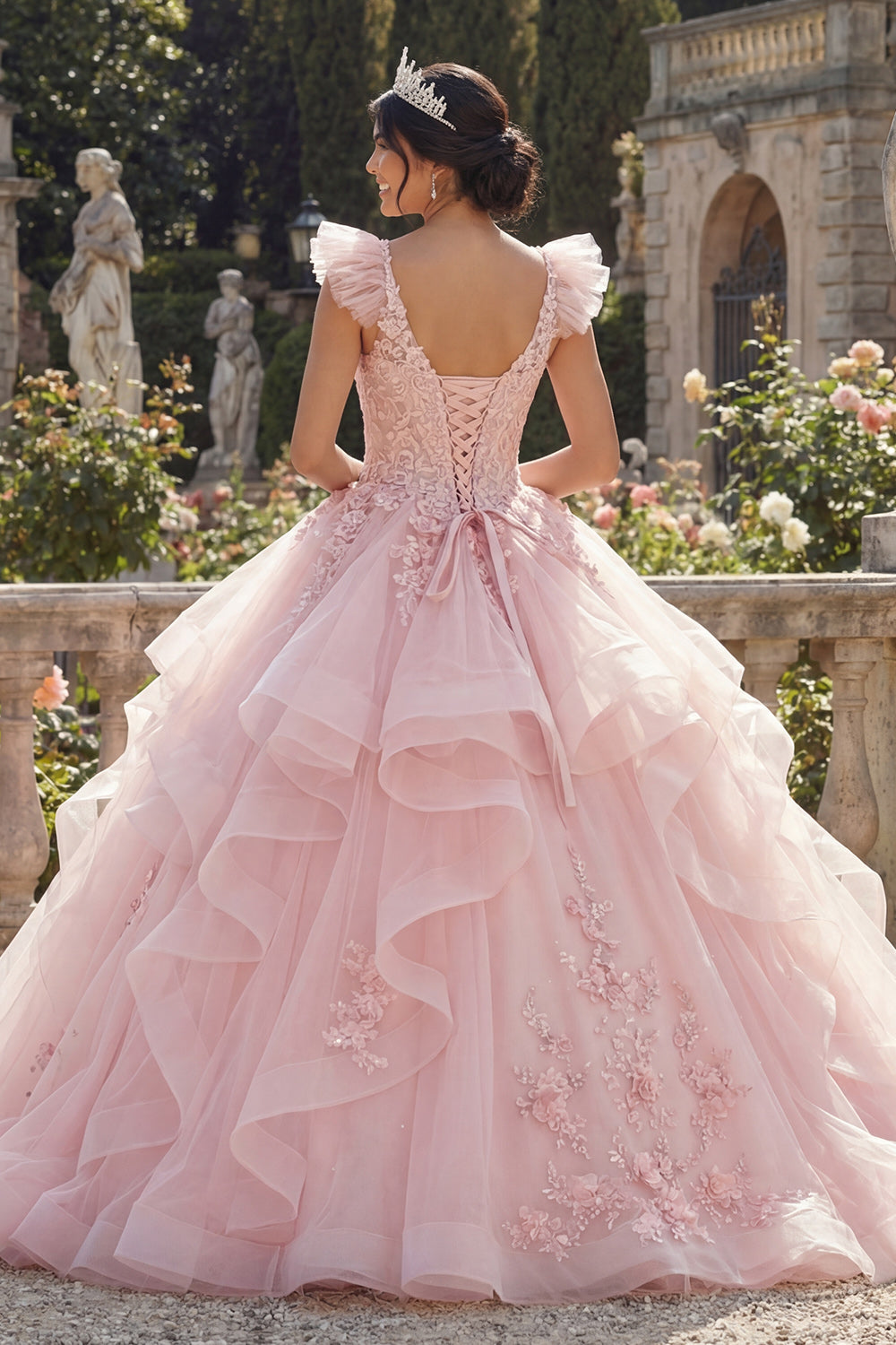 Floral Long V-Neck Pink Princess Corset Quinceanera Dress with Ruffles