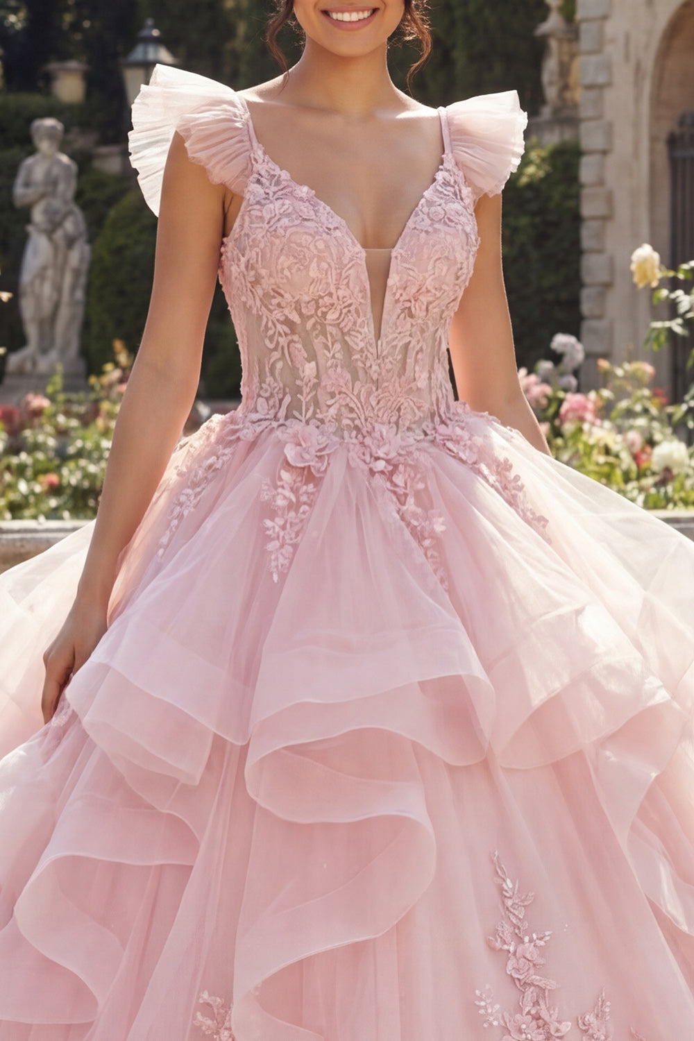 Floral Long V-Neck Pink Princess Corset Quinceanera Dress with Ruffles