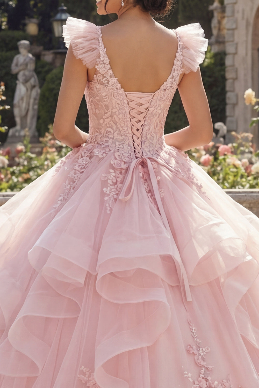 Floral Long V-Neck Pink Princess Corset Quinceanera Dress with Ruffles