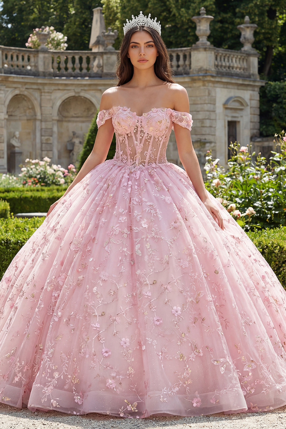 Floral Long Corset Off the Shoulder Pink Princess Sequin Quinceanera Dress