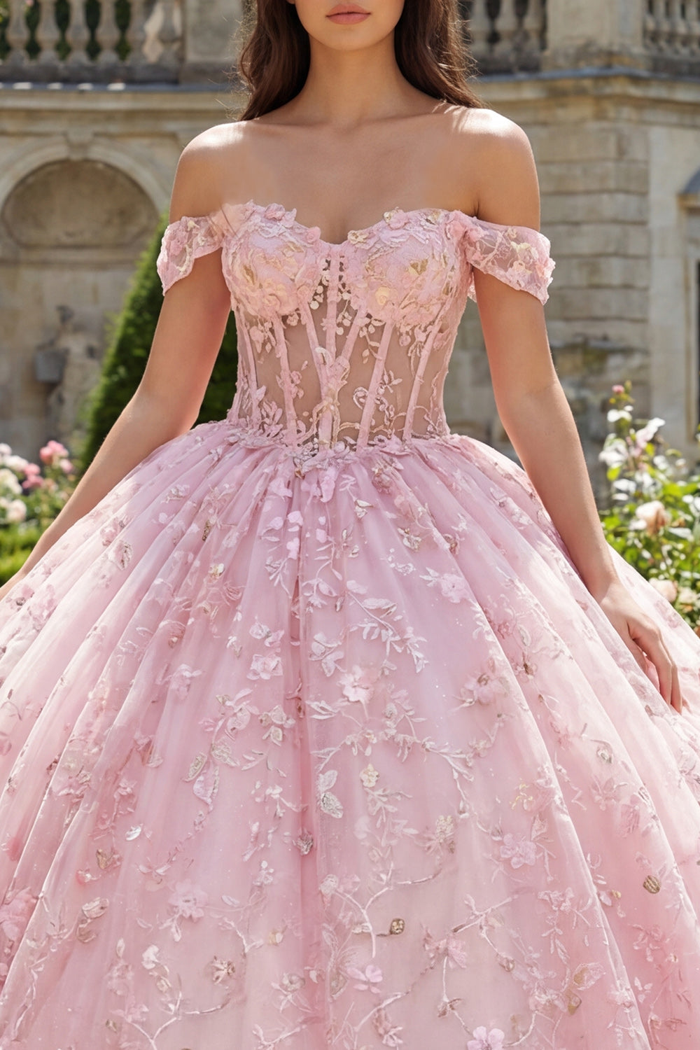 Floral Long Corset Off the Shoulder Pink Princess Sequin Quinceanera Dress