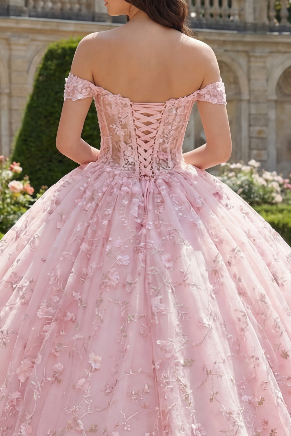 Floral Long Corset Off the Shoulder Pink Princess Sequin Quinceanera Dress