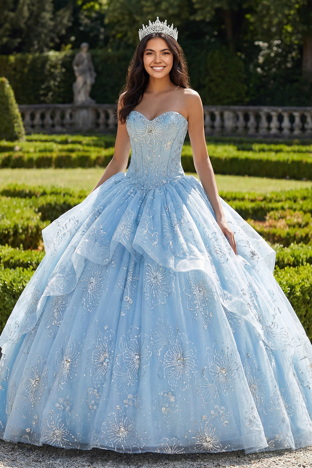 Beaded Sparkly Sky Blue Princess Floral Long Corset Quinceanera Dress with Ruffles