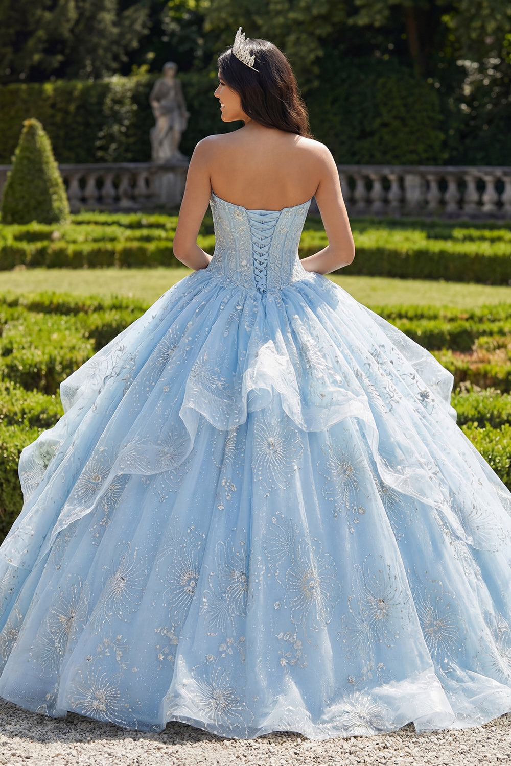 Beaded Sparkly Sky Blue Princess Floral Long Corset Quinceanera Dress with Ruffles