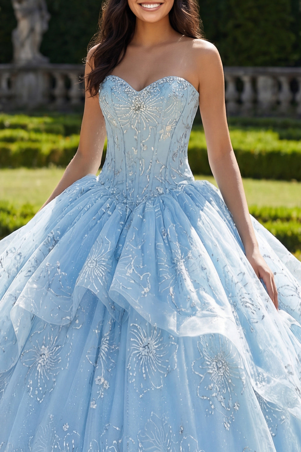 Beaded Sparkly Sky Blue Princess Floral Long Corset Quinceanera Dress with Ruffles