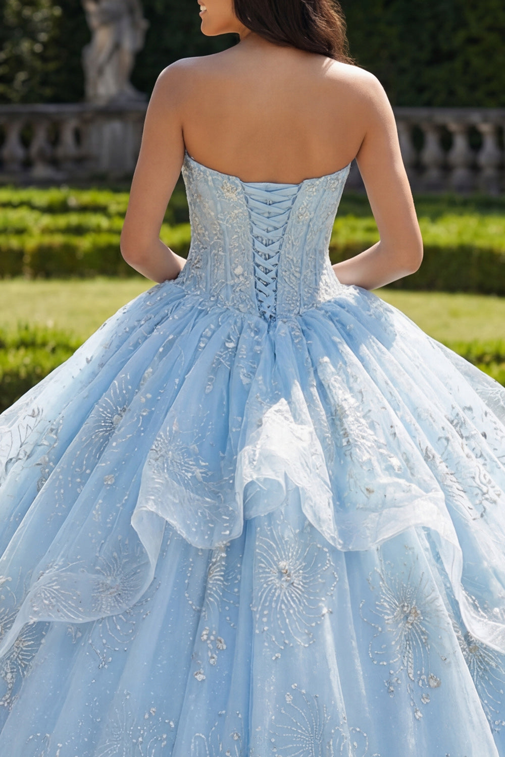 Beaded Sparkly Sky Blue Princess Floral Long Corset Quinceanera Dress with Ruffles