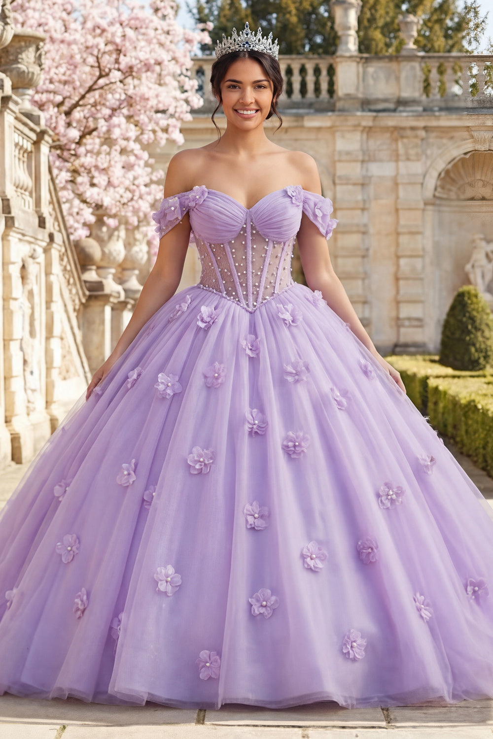 Off the Shoulder Lilac Floral Long Corset Princess Quinceanera Dress with Pearls