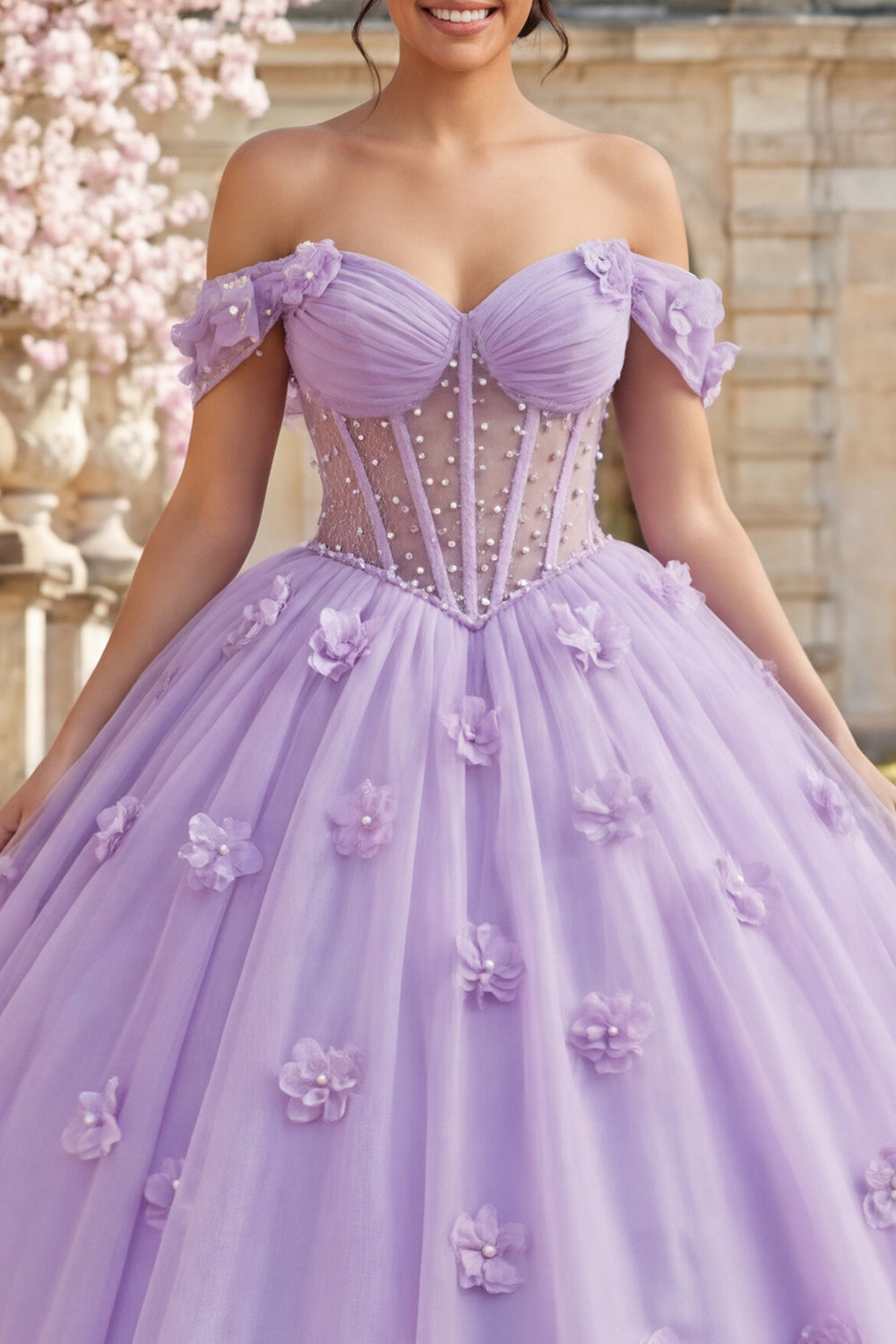 Off the Shoulder Lilac Floral Long Corset Princess Quinceanera Dress with Pearls