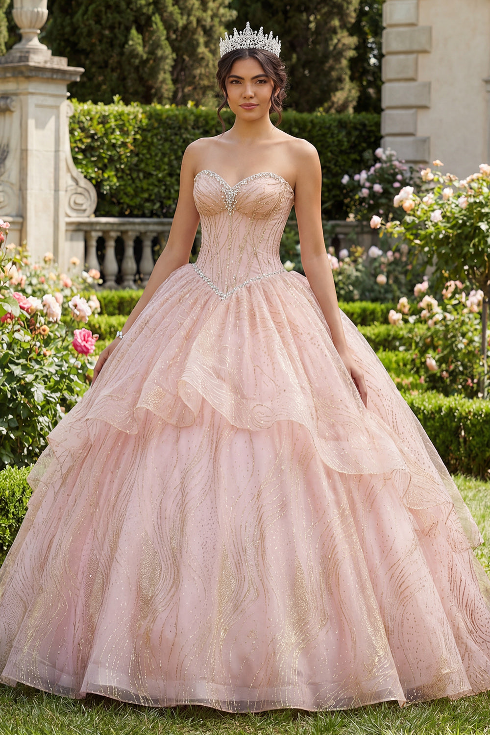 Beaded Long Corset Sparkly Pink Princess Sequin Quinceanera Dress with Ruffles