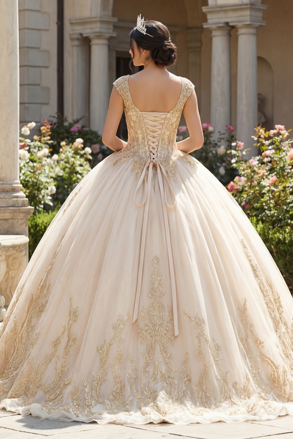Appliqued Champagne Princess Long Quinceanera Dress