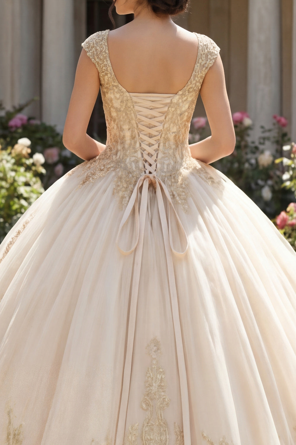 Appliqued Champagne Princess Long Quinceanera Dress