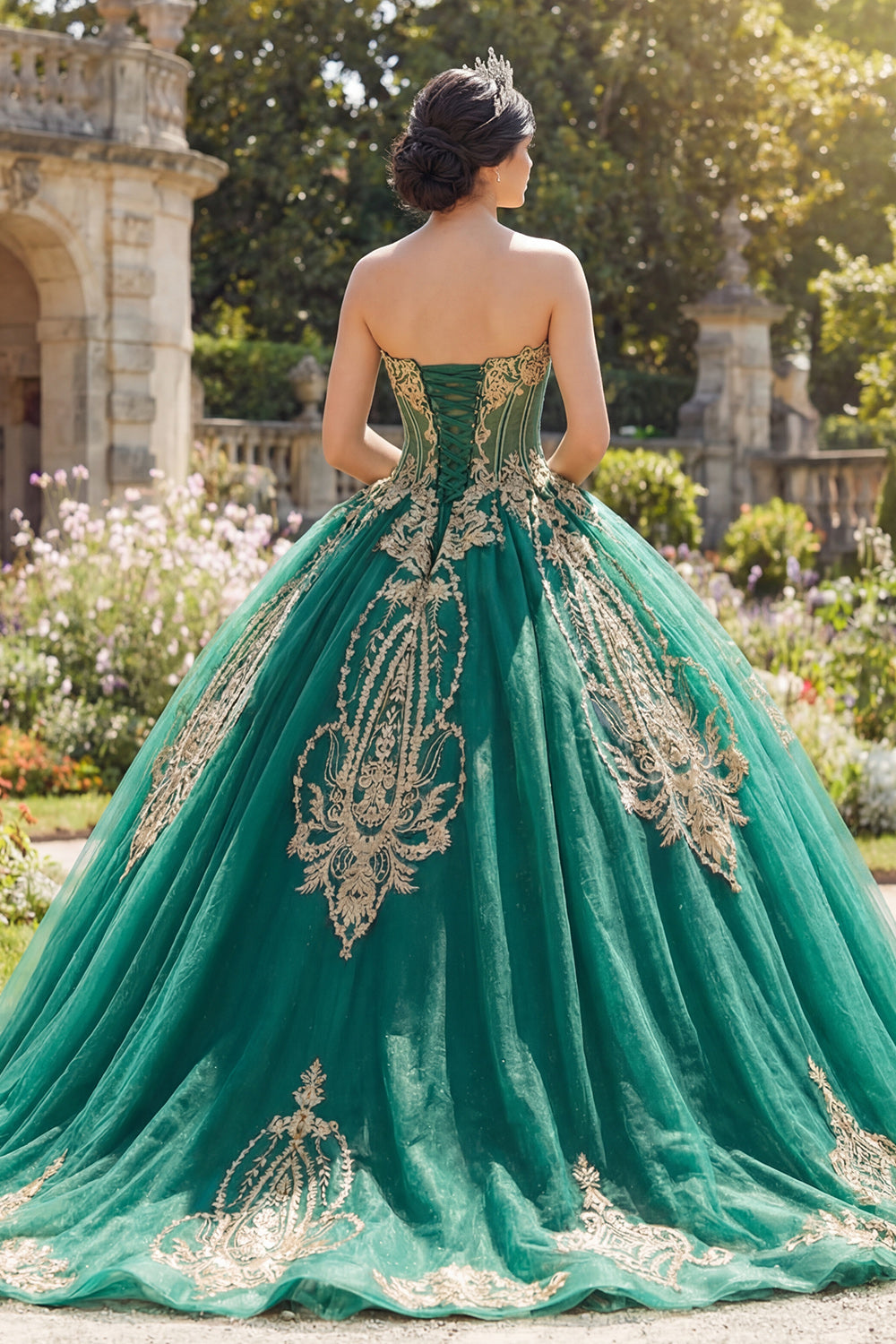 Beaded Princess Sparkly Green Strapless Long Corset Quinceanera Dress with Appliques