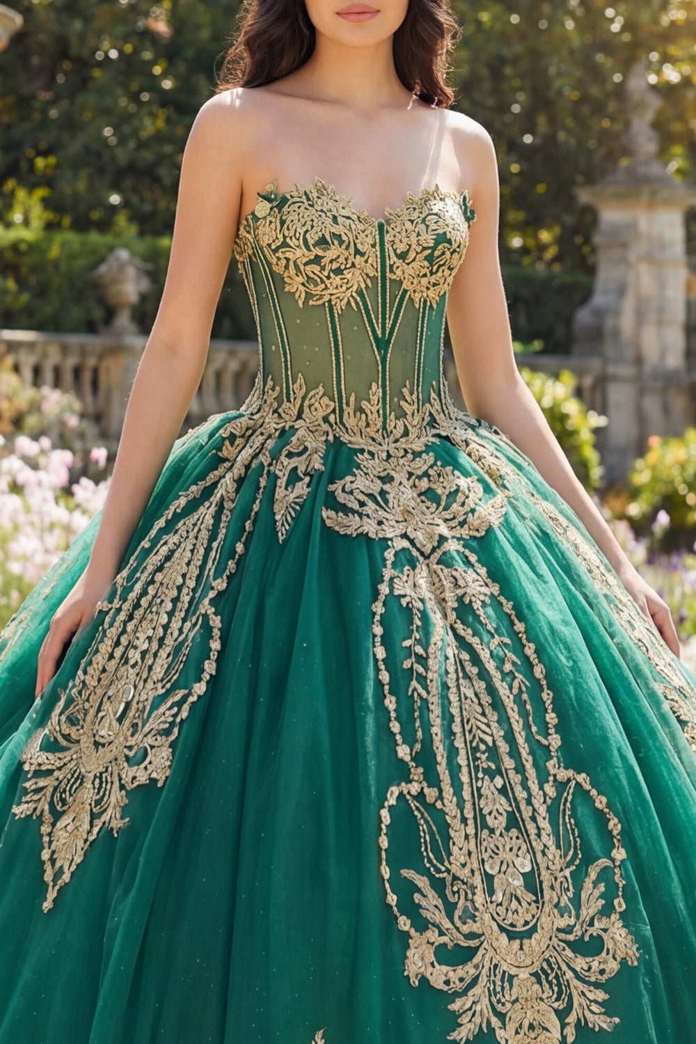 Beaded Princess Sparkly Green Strapless Long Corset Quinceanera Dress with Appliques