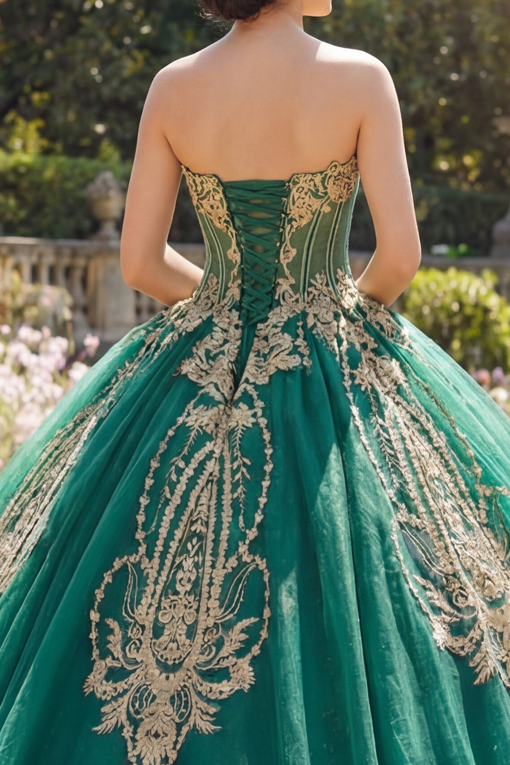 Beaded Princess Sparkly Green Strapless Long Corset Quinceanera Dress with Appliques