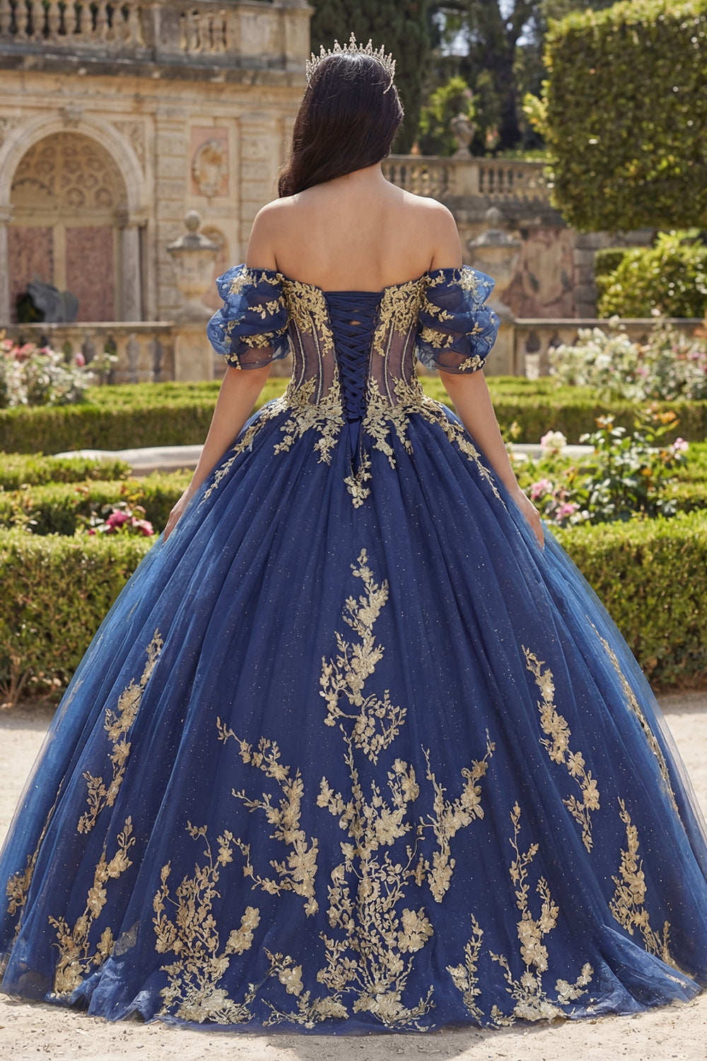 Appliqued Glitter Navy Princess Floral Long Corset Quinceanera Dress