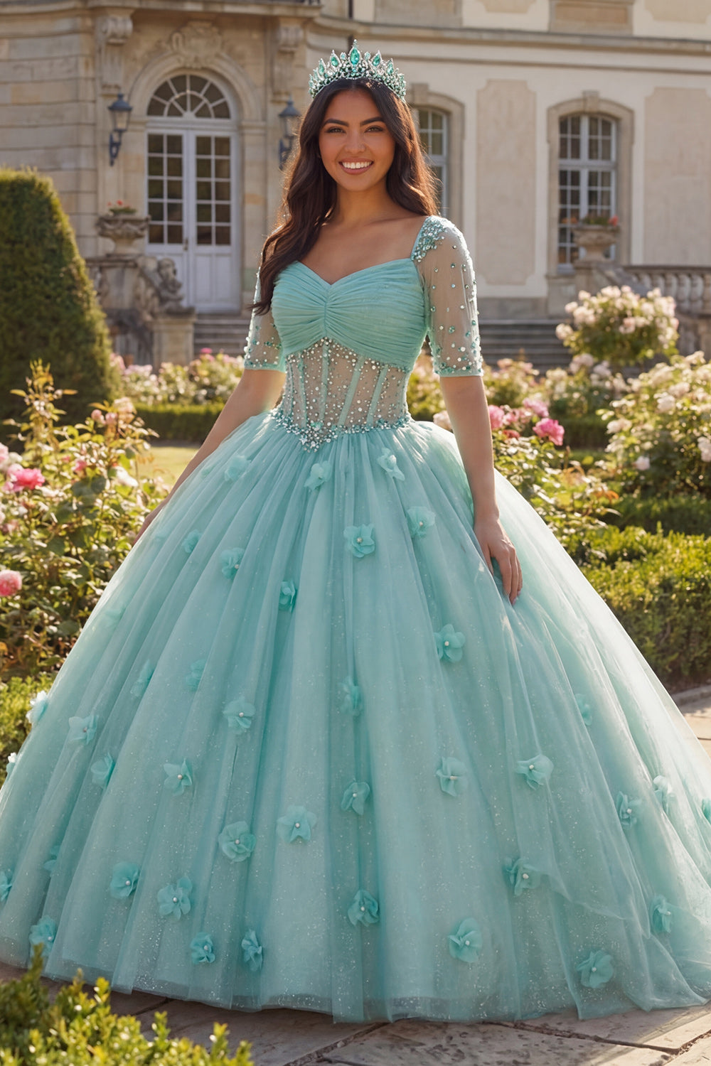 Princess Glitter Floral Sparkly Light Green Beaded Long Corset Quinceanera Dress