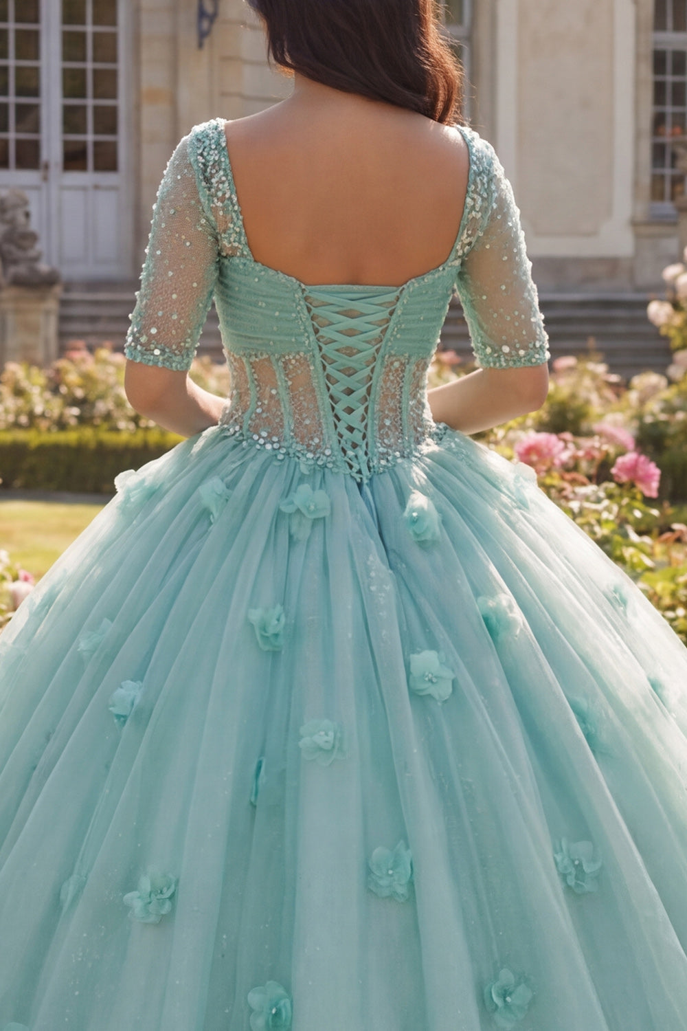 Princess Glitter Floral Sparkly Light Green Beaded Long Corset Quinceanera Dress