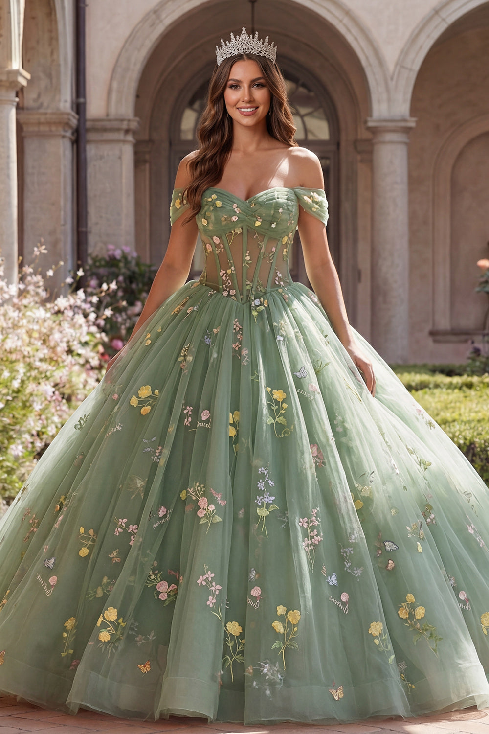 Off the Shoulder Dusty Sage Princess Floral Long Corset Quinceanera Dress