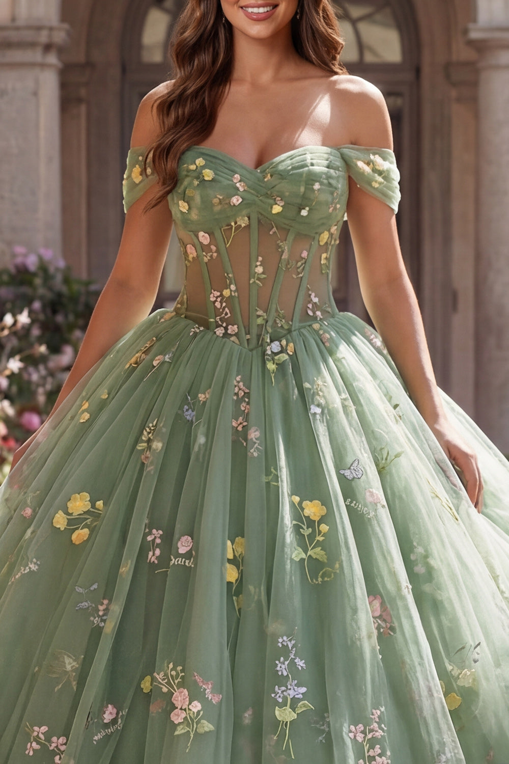 Off the Shoulder Dusty Sage Princess Floral Long Corset Quinceanera Dress