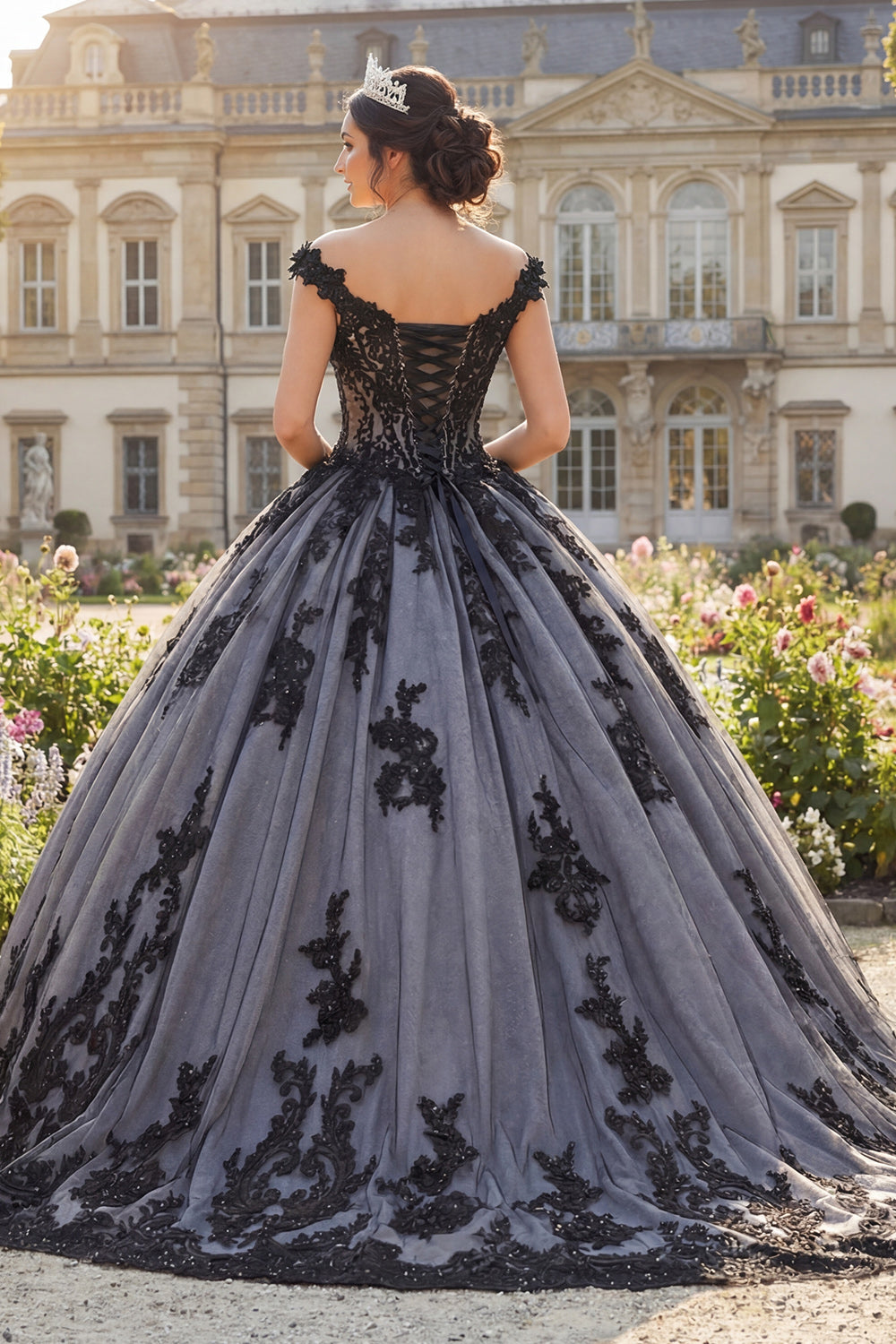 Black Beaded Floral Long Princess Quinceanera Dress with Lace