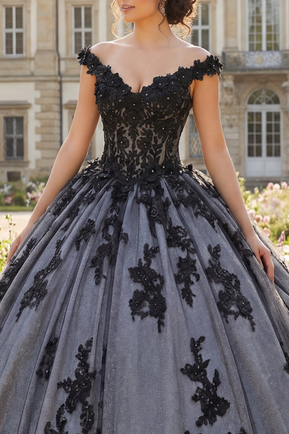 Black Beaded Floral Long Princess Quinceanera Dress with Lace