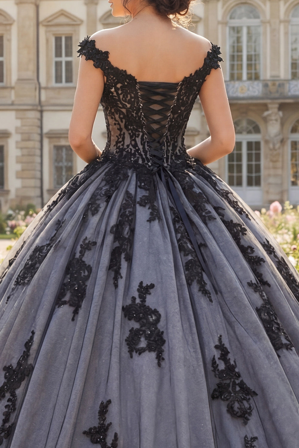 Black Beaded Floral Long Princess Quinceanera Dress with Lace