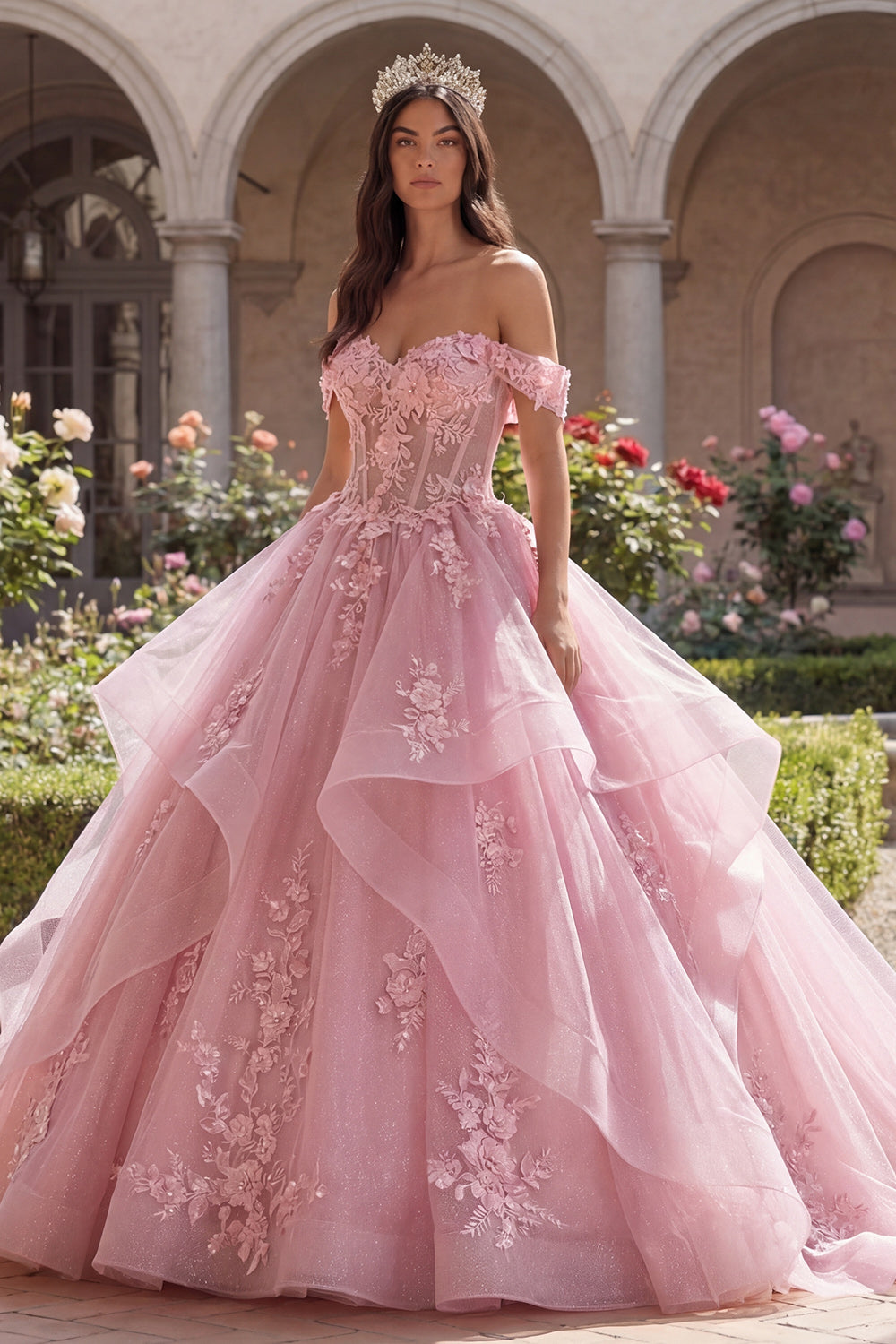 Princess Floral Long Corset Pink Glitter Quinceanera Dress with Ruffles