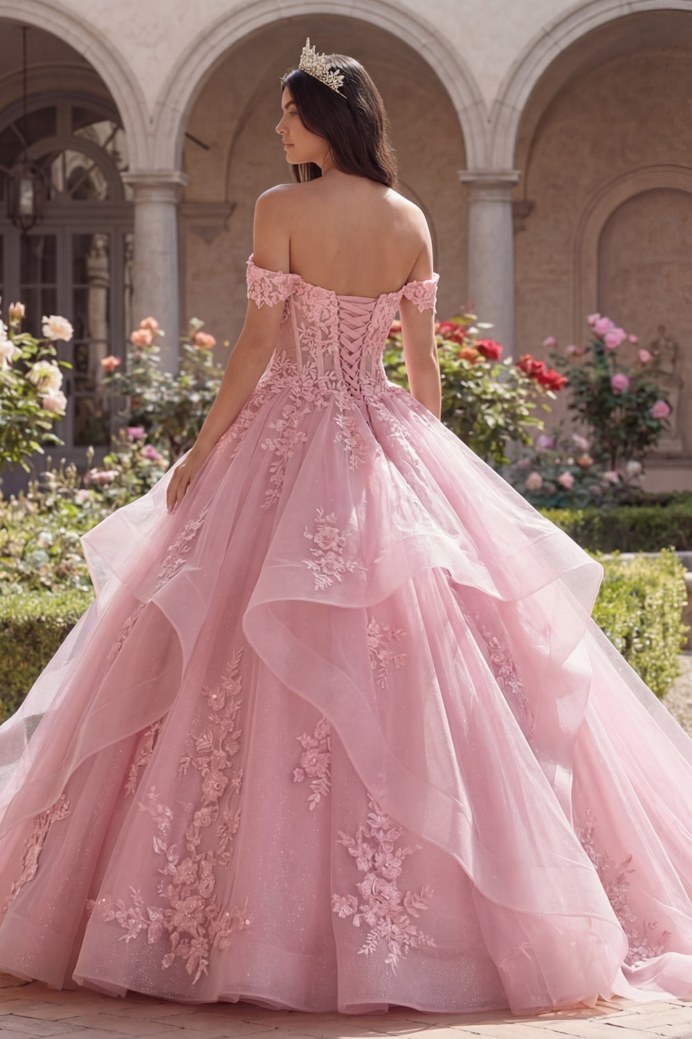 Princess Floral Long Corset Pink Glitter Quinceanera Dress with Ruffles