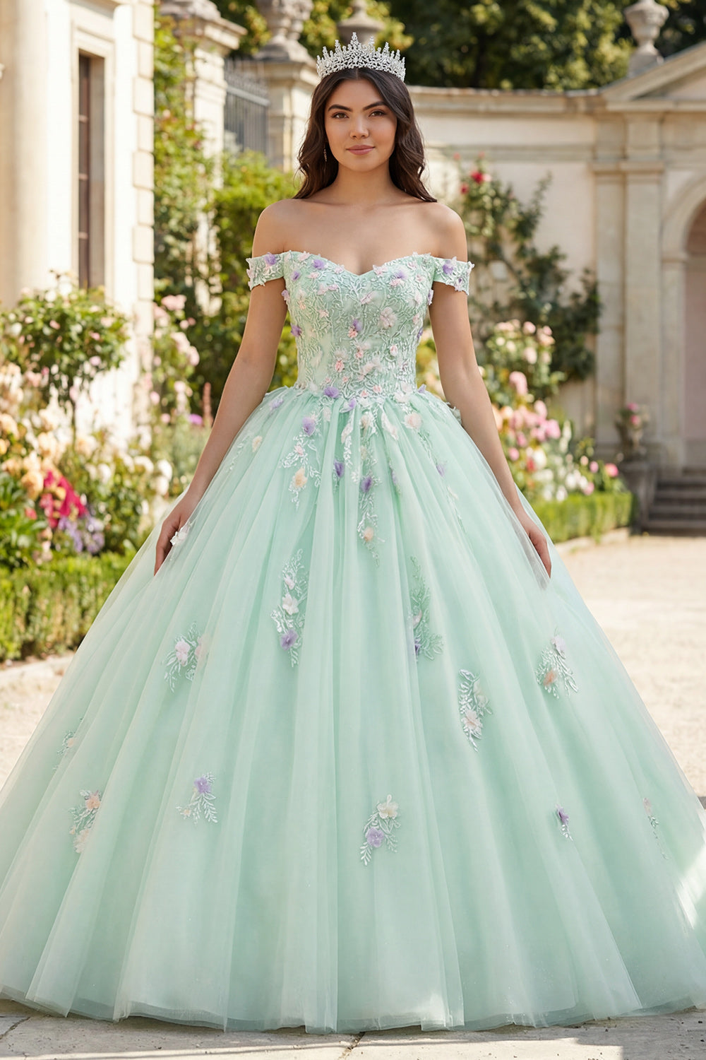 Light Green Off the Shoulder Princess Floral Long Quinceanera Dress with Lace