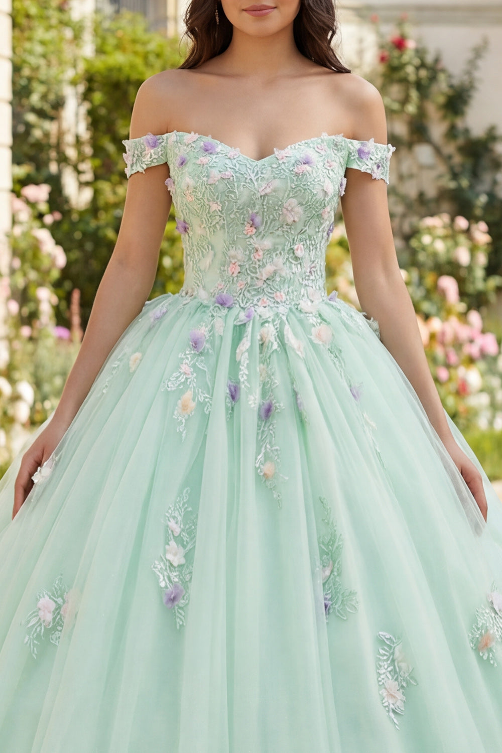 Light Green Off the Shoulder Princess Floral Long Quinceanera Dress with Lace