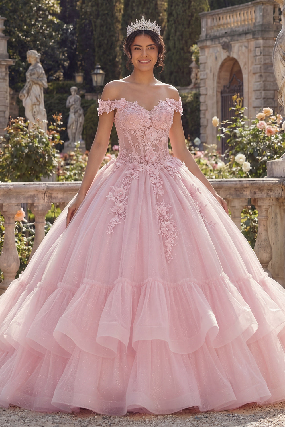 Pink Glitter Corset Princess Floral Long Quinceanera Dress with Ruffles