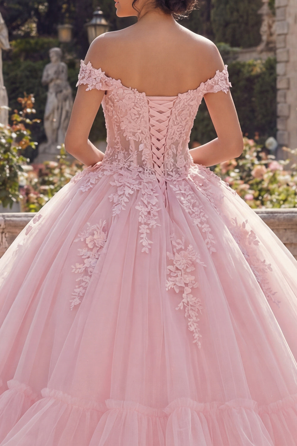 Pink Glitter Corset Princess Floral Long Quinceanera Dress with Ruffles
