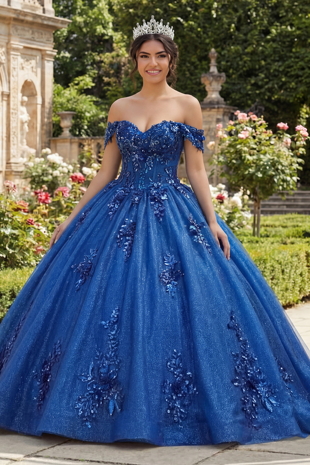 Royal Blue Sparkly Beaded Princess Glitter Long Floral Corset Quinceanera Dress