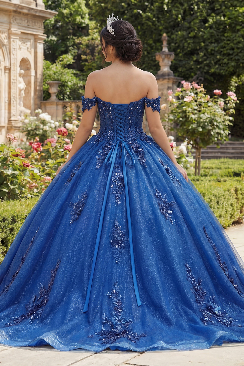 Royal Blue Sparkly Beaded Princess Glitter Long Floral Corset Quinceanera Dress