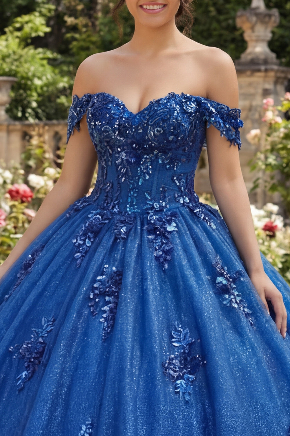 Royal Blue Sparkly Beaded Princess Glitter Long Floral Corset Quinceanera Dress