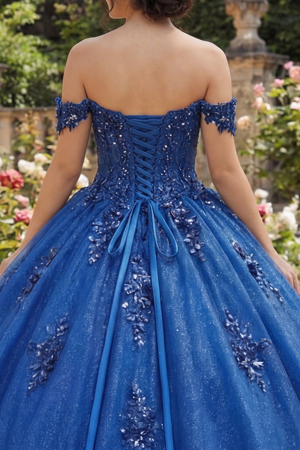 Royal Blue Sparkly Beaded Princess Glitter Long Floral Corset Quinceanera Dress