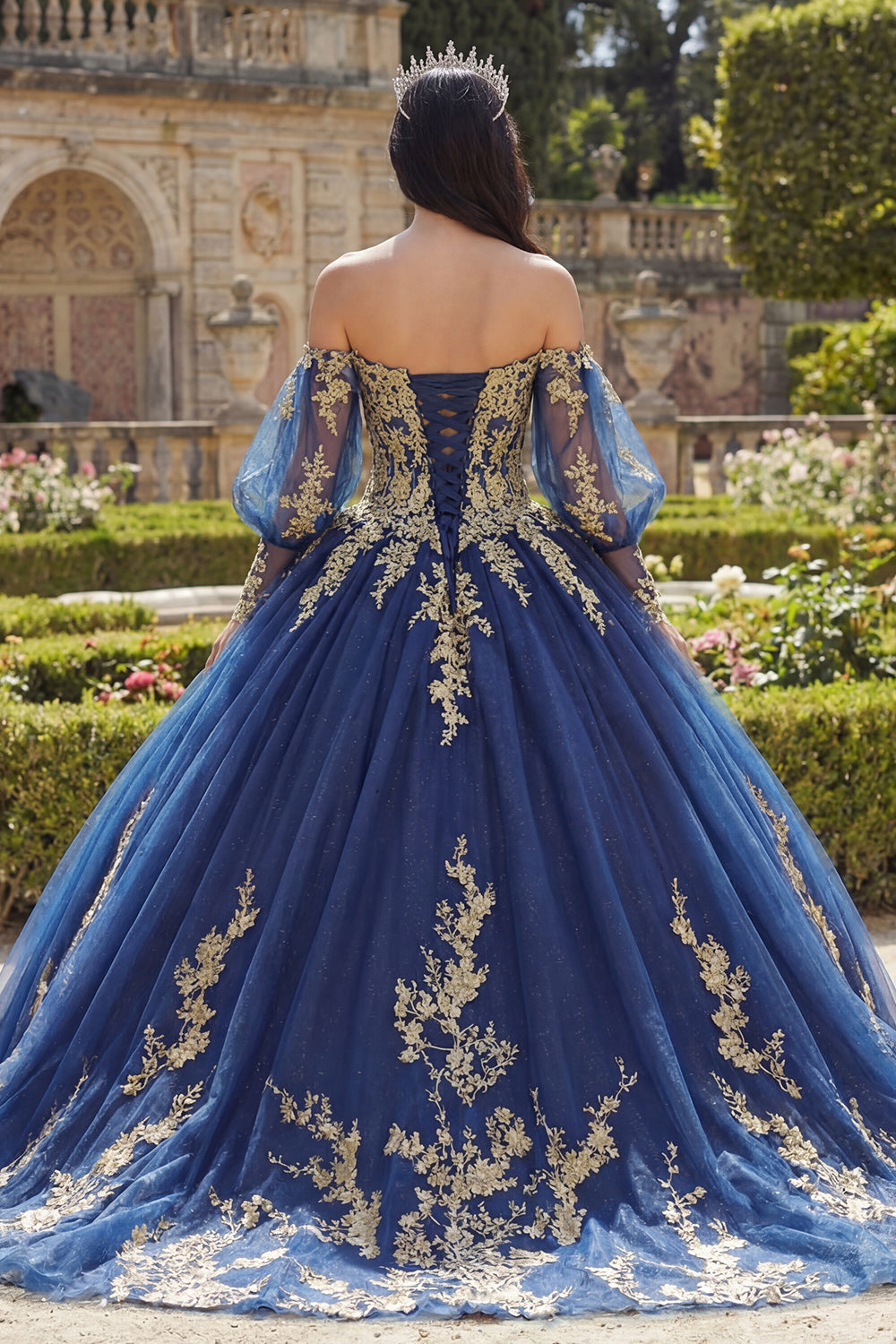 Navy Glitter Princess Floral Long Appliqued Quinceanera Dress