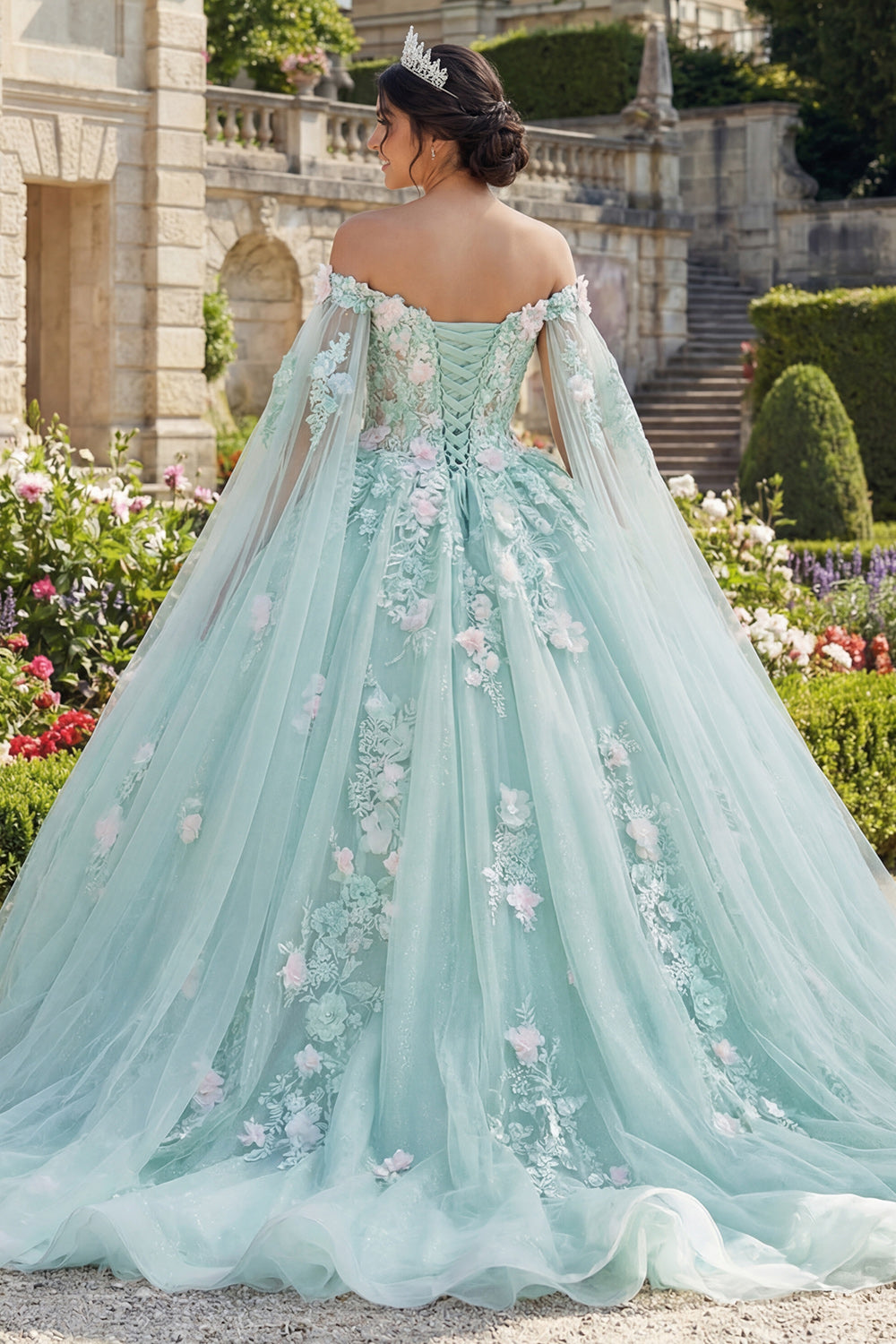 Glitter Princess Mint Green Floral Long Corset Quinceanera Dress with Cape