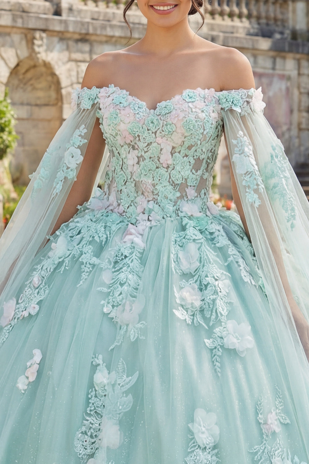 Glitter Princess Mint Green Floral Long Corset Quinceanera Dress with Cape