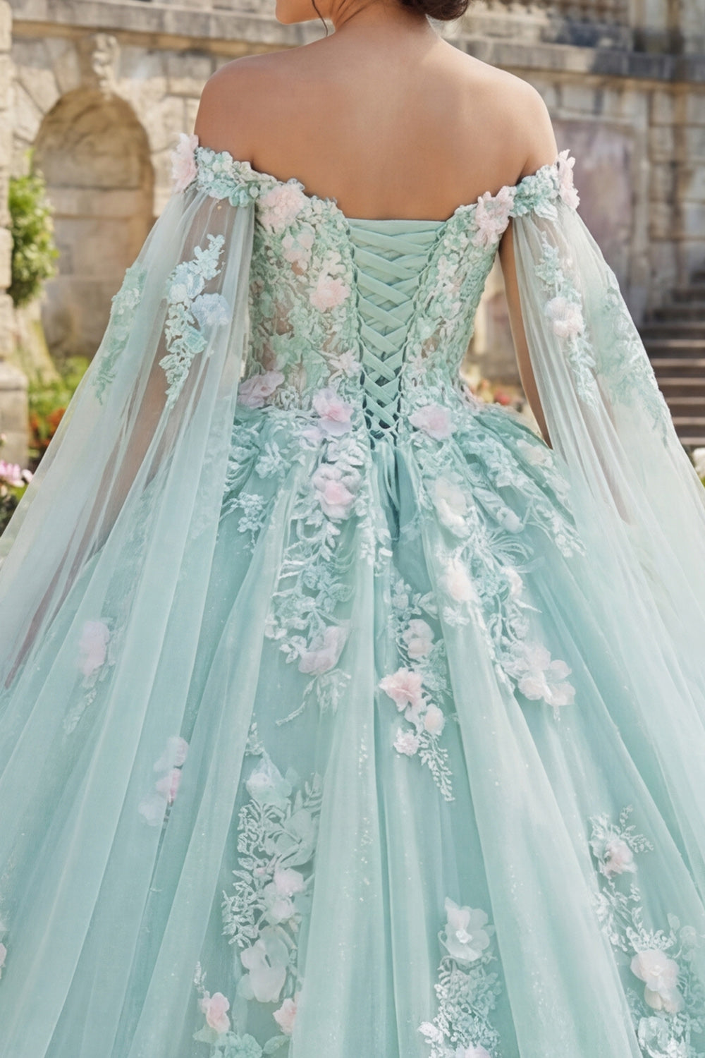 Glitter Princess Mint Green Floral Long Corset Quinceanera Dress with Cape