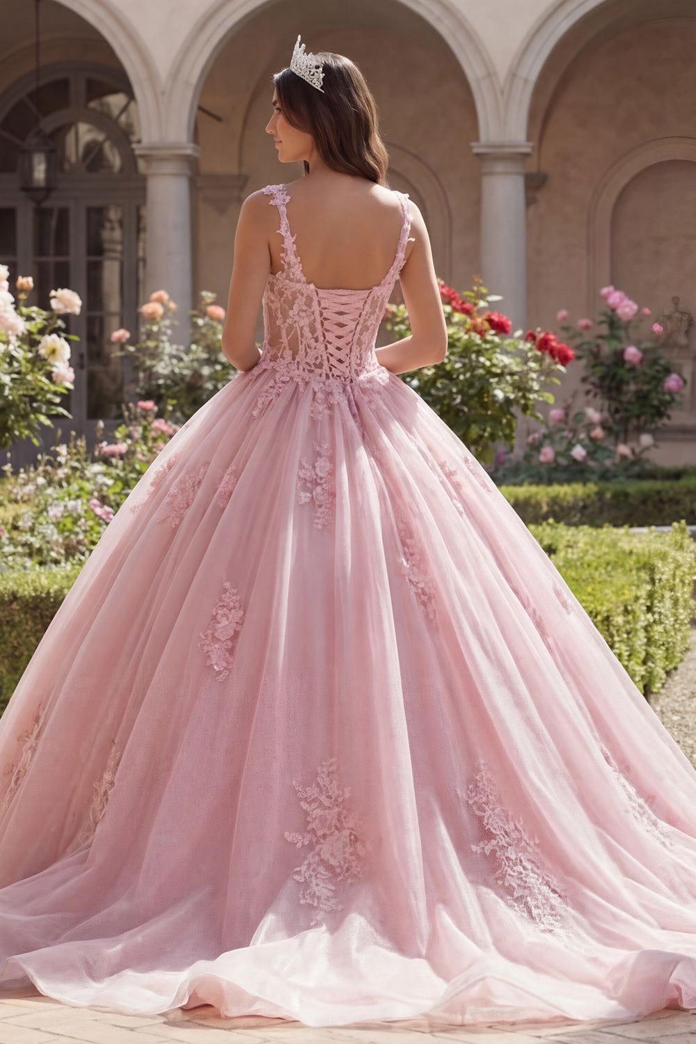Pink Floral Thick Straps Long Corset Glitter Princess Quinceanera Dress