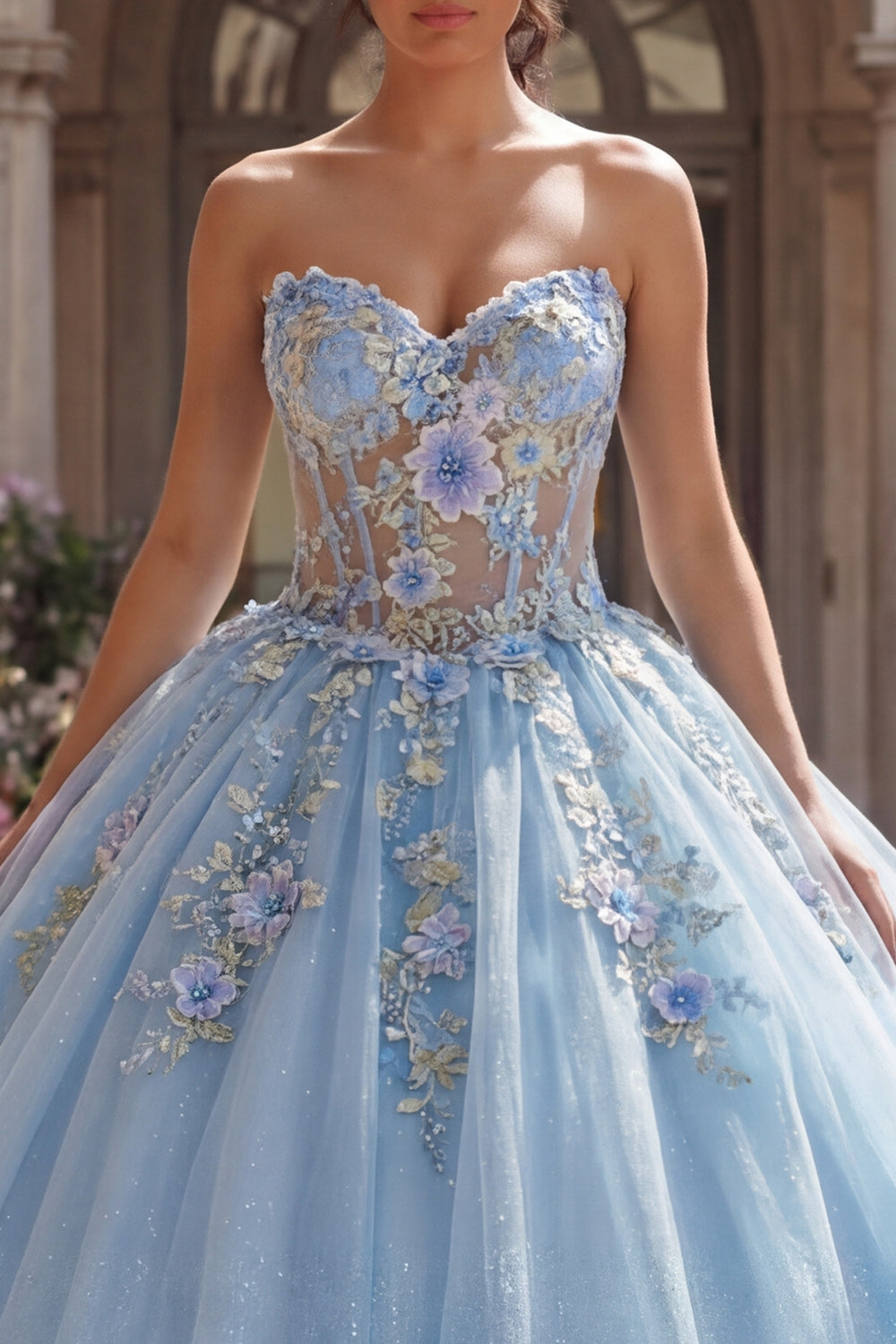 Long Strapless Sky Blue Floral Corset Glitter Princess Quinceanera Dress with Lace